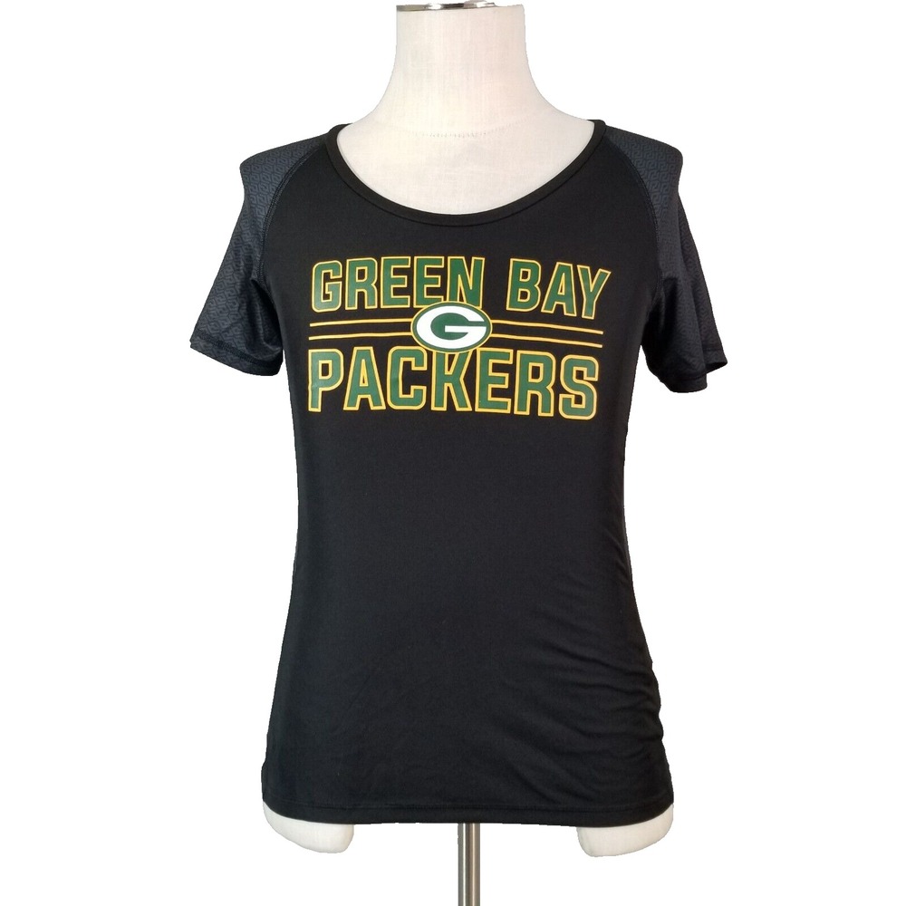 Majestic Shirt Womens M Black Green Bay Packers NFL Short Sleeve Dry Fit Raglan